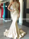 Trumpet/Mermaid Scoop Neck Jersey Sweep Train Appliques Lace Prom Dresses #Milly020104520
