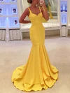 Trumpet/Mermaid V-neck Silk-like Satin Sweep Train Ruffles Prom Dresses #Milly020104529