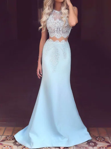 Mermaid Illusion Lace Satin Two Piece Prom Dresses With Appliques #Milly020104536