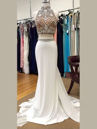 Mermaid High Nec Chiffon Two Piece Prom Dresses With Beading #Milly020104543