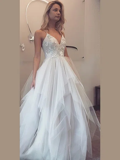 Ball Gown V-neck Tulle Floor-length with Appliques Lace Quinceanera Dresses #Milly02072556