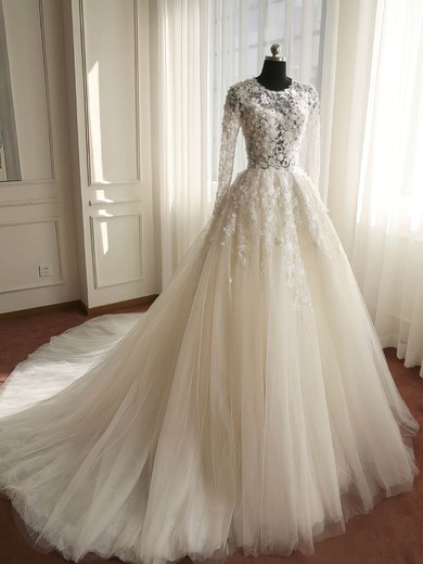 Ball Gown Illusion Tulle Court Train Wedding Dresses With Appliques Lace #Milly00023008