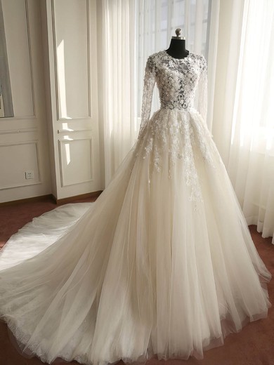 Ball Gown Scoop Neck Tulle Court Train with Appliques Lace Wedding Dresses #Milly00023008