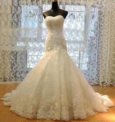Trumpet/Mermaid Sweetheart Tulle Sweep Train Wedding Dresses With Appliques Lace #Milly00023009