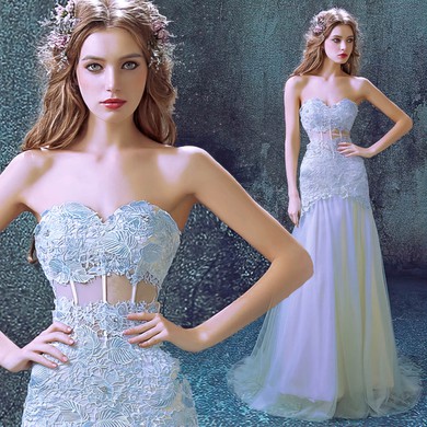 Trumpet/Mermaid Sweetheart Tulle Sweep Train Wedding Dresses With Appliques Lace #Milly00023012