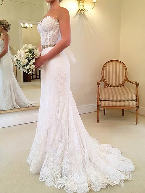 Trumpet/Mermaid Sweetheart Lace Sweep Train Wedding Dresses With Sashes / Ribbons #Milly00023014