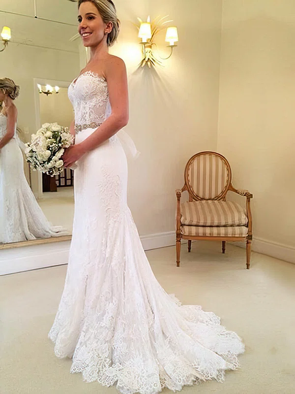 Trumpet/Mermaid Sweetheart Lace Sweep Train Wedding Dresses With Sashes / Ribbons #Milly00023014