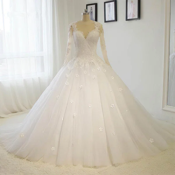 Ball Gown Scoop Neck Tulle Court Train with Sequins Wedding Dresses #Milly00023015