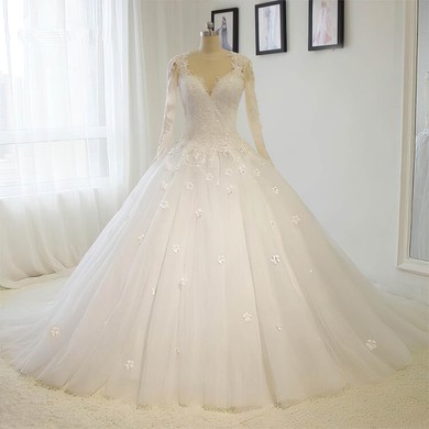 Ball Gown Illusion Tulle Court Train Wedding Dresses With Appliques Lace #Milly00023015