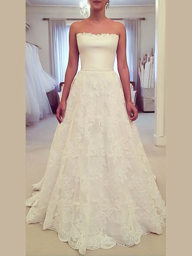 Princess Strapless Satin Tulle Sweep Train with Appliques Lace Wedding Dresses #Milly00023016