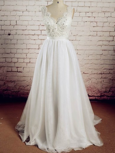 A-line V-neck Tulle Sweep Train with Appliques Lace Wedding Dresses #Milly00023017