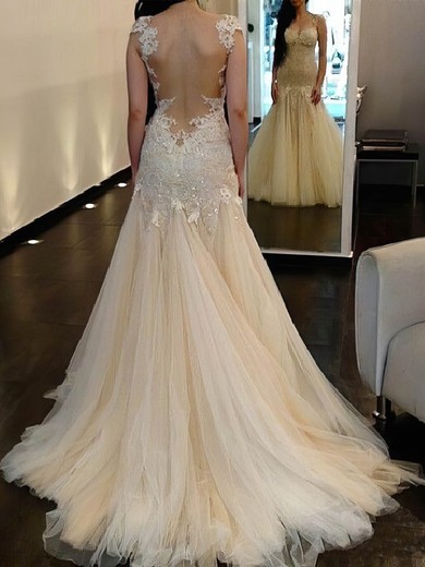 Trumpet/Mermaid Illusion Tulle Sweep Train Wedding Dresses With Appliques Lace #Milly00023018