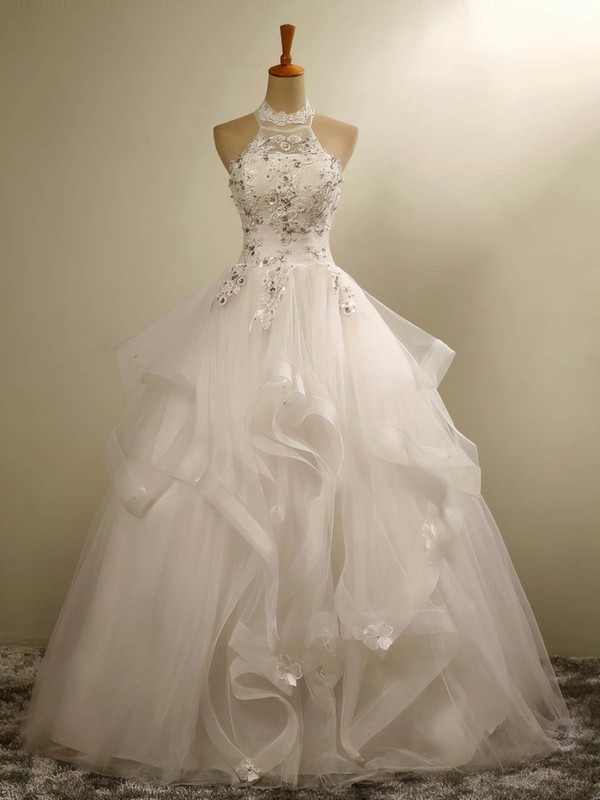 Ball Gown Halter Tulle Floor length Wedding Dresses With Cascading Ruffles millybridal