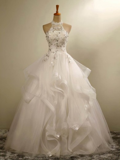 Ball Gown Halter Tulle Floor-length with Beading Wedding Dresses #Milly00023020