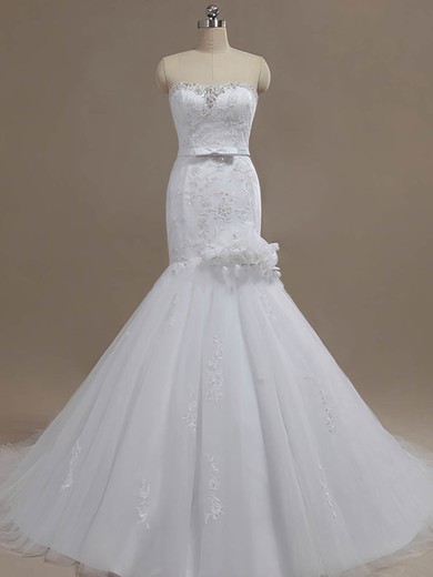 Trumpet/Mermaid Sweetheart Tulle Court Train Wedding Dresses With Appliques Lace #Milly00023024
