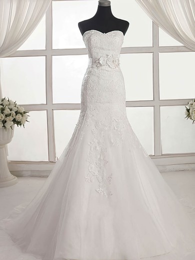 Trumpet/Mermaid Sweetheart Tulle Sweep Train Wedding Dresses With Appliques Lace #Milly00023027