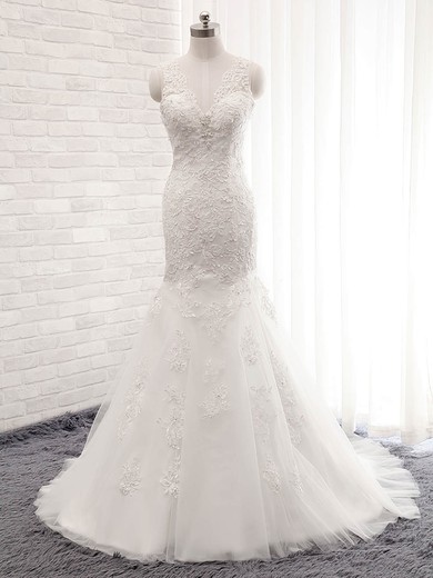 Trumpet/Mermaid V-neck Tulle Sweep Train Wedding Dresses With Appliques Lace #Milly00023028