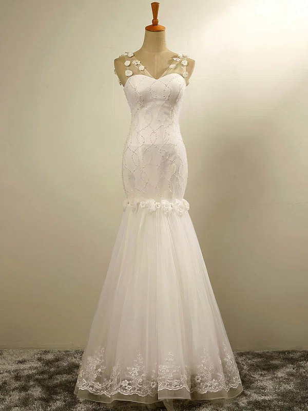 Trumpet/Mermaid V-neck Tulle Floor-length with Flower(s) Wedding Dresses #Milly00023029