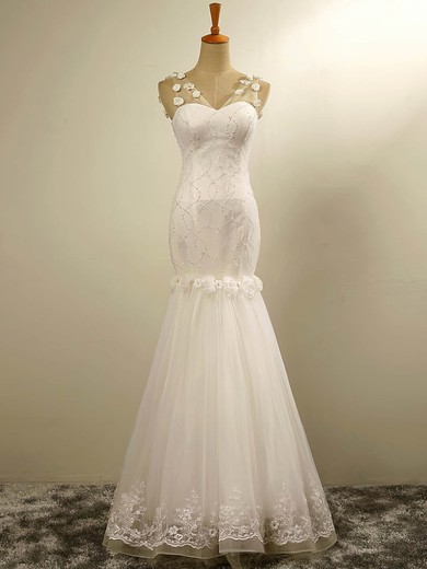 Trumpet/Mermaid V-neck Tulle Floor-length Wedding Dresses With Beading #Milly00023029