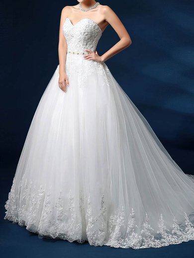 Ball Gown/Princess Sweetheart Tulle Chapel Train Wedding Dresses With Appliques Lace #Milly00023030