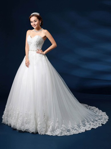 Ball Gown Sweetheart Tulle Chapel Train Wedding Dresses With Appliques Lace #Milly00023030