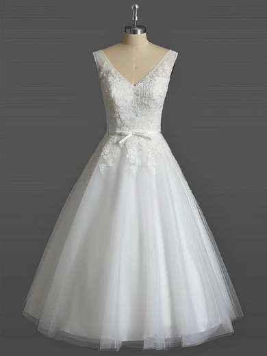 Ball Gown V-neck Tulle Tea-length Wedding Dresses With Appliques Lace #Milly00023031