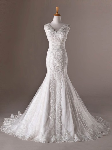 Trumpet/Mermaid V-neck Tulle Sweep Train Wedding Dresses With Appliques Lace #Milly00023032
