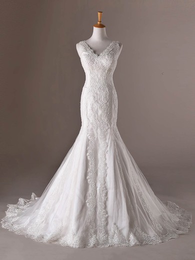Trumpet/Mermaid V-neck Tulle Sweep Train with Appliques Lace Wedding Dresses #Milly00023032