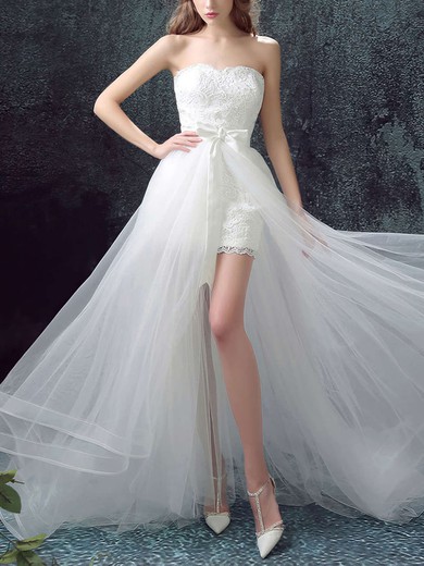 A-line Straight Lace Tulle Sweep Train Wedding Dresses With Sashes / Ribbons #Milly00023033