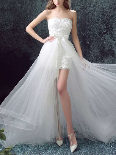 A-line Strapless Tulle Lace Sweep Train with Sashes / Ribbons Wedding Dresses #Milly00023033
