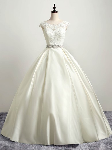Ball Gown Illusion Satin Floor-length Wedding Dresses With Appliques Lace #Milly00023035