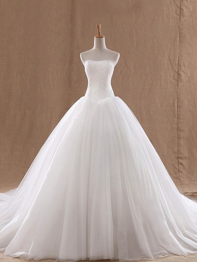 Ball Gown Strapless Lace Tulle Court Train with Ruffles Wedding Dresses #Milly00023037