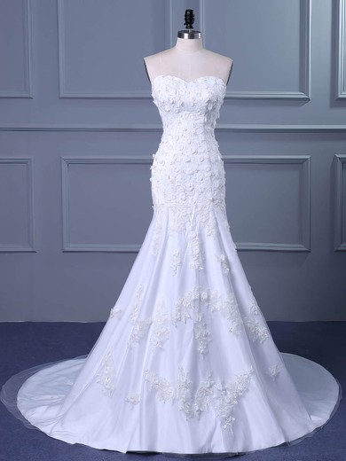 Trumpet/Mermaid Sweetheart Tulle Sweep Train Wedding Dresses With Appliques Lace #Milly00023038
