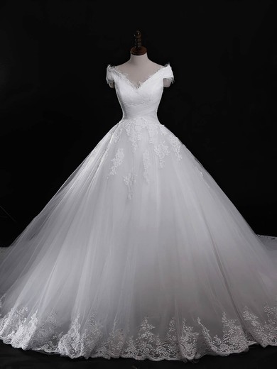 Ball Gown V-neck Tulle Cathedral Train with Appliques Lace Wedding Dresses #Milly00023040