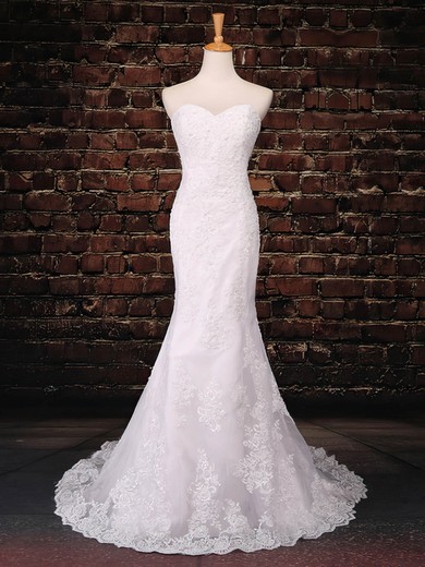 Trumpet/Mermaid Sweetheart Tulle Sweep Train Wedding Dresses With Appliques Lace #Milly00023043