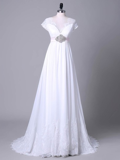 A-line V-neck Chiffon Sweep Train Wedding Dresses With Appliques Lace #Milly00023045