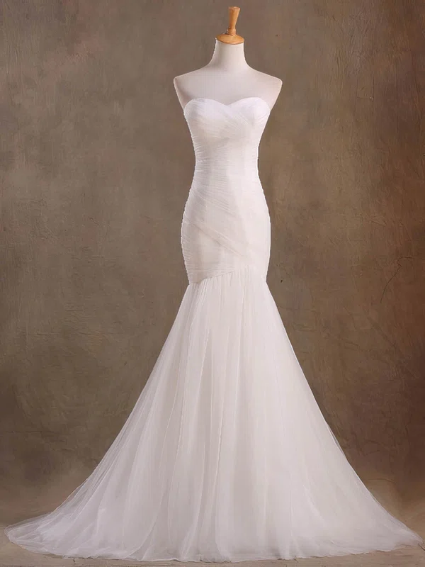 Trumpet/Mermaid Sweetheart Tulle Sweep Train Wedding Dresses With Ruffles #Milly00023046