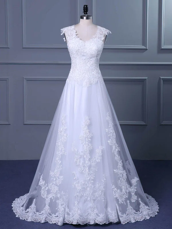 Ball Gown V-neck Tulle Sweep Train Wedding Dresses With Appliques Lace #Milly00023047