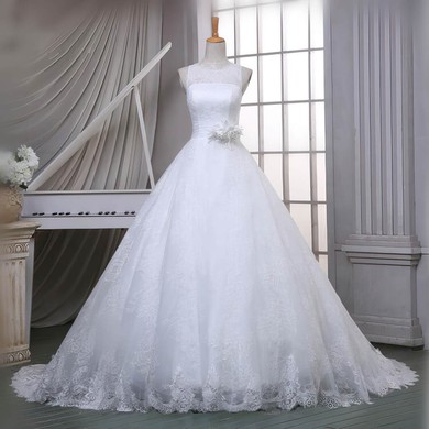 Ball Gown Scoop Neck Lace Sweep Train with Sashes / Ribbons Wedding Dresses #Milly00023051