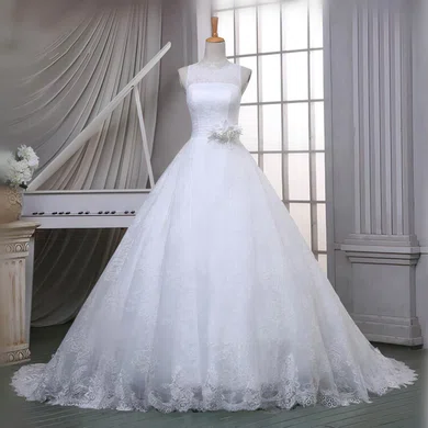 Ball Gown/Princess Illusion Lace Sweep Train Wedding Dresses With Sashes / Ribbons #Milly00023051
