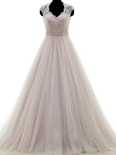 Ball Gown V-neck Tulle Sweep Train with Appliques Lace Wedding Dresses #Milly00023053