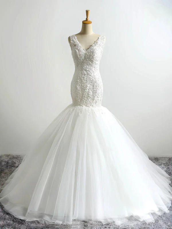 Trumpet/Mermaid V-neck Tulle Court Train Wedding Dresses With Appliques Lace #Milly00023054