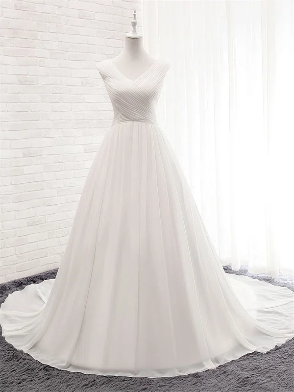 Ball Gown V-neck Chiffon Court Train Wedding Dresses With Ruffles #Milly00023056