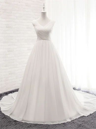 Ball Gown/Princess V-neck Chiffon Court Train Wedding Dresses With Ruffles #Milly00023056