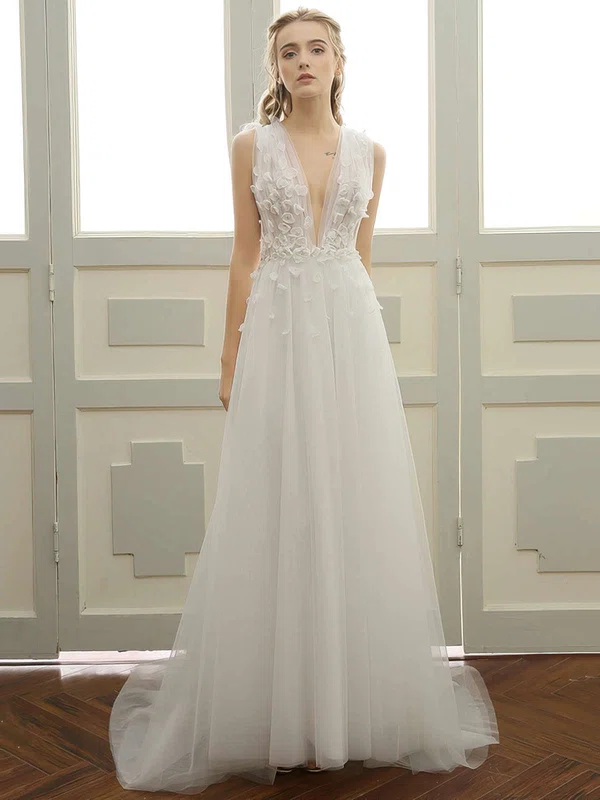 A-line V-neck Tulle Sweep Train Wedding Dresses With Lace #Milly00023057