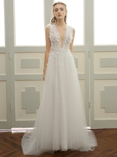 A-line V-neck Tulle Sweep Train with Lace Wedding Dresses #Milly00023057