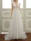 A-line V-neck Tulle Sweep Train Wedding Dresses With Lace #Milly00023057