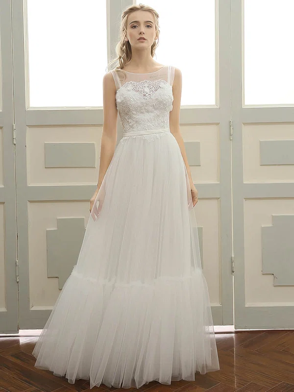 A-line Illusion Tulle Floor-length Wedding Dresses With Appliques Lace #Milly00023058