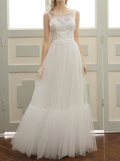 A-line Illusion Tulle Floor-length Wedding Dresses With Appliques Lace #Milly00023058