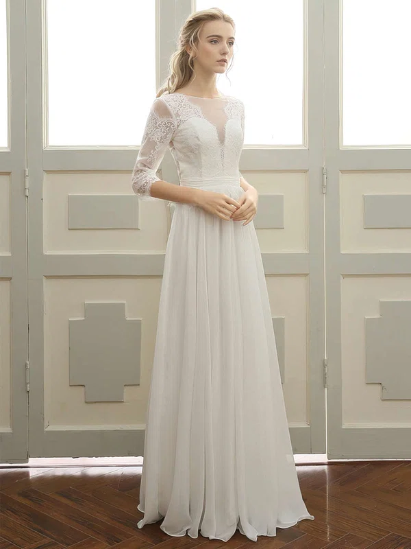 A-line Illusion Chiffon Floor-length Wedding Dresses With Appliques Lace #Milly00023059
